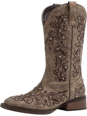 Women's Brown Faux Leather Western Cowgirl Rhinestone Square Toe Mid Calf Boots